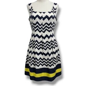 Jones Studio Navy White Chevron Fit & Flare Dress – Size 8, Lined, Zip Back, New
